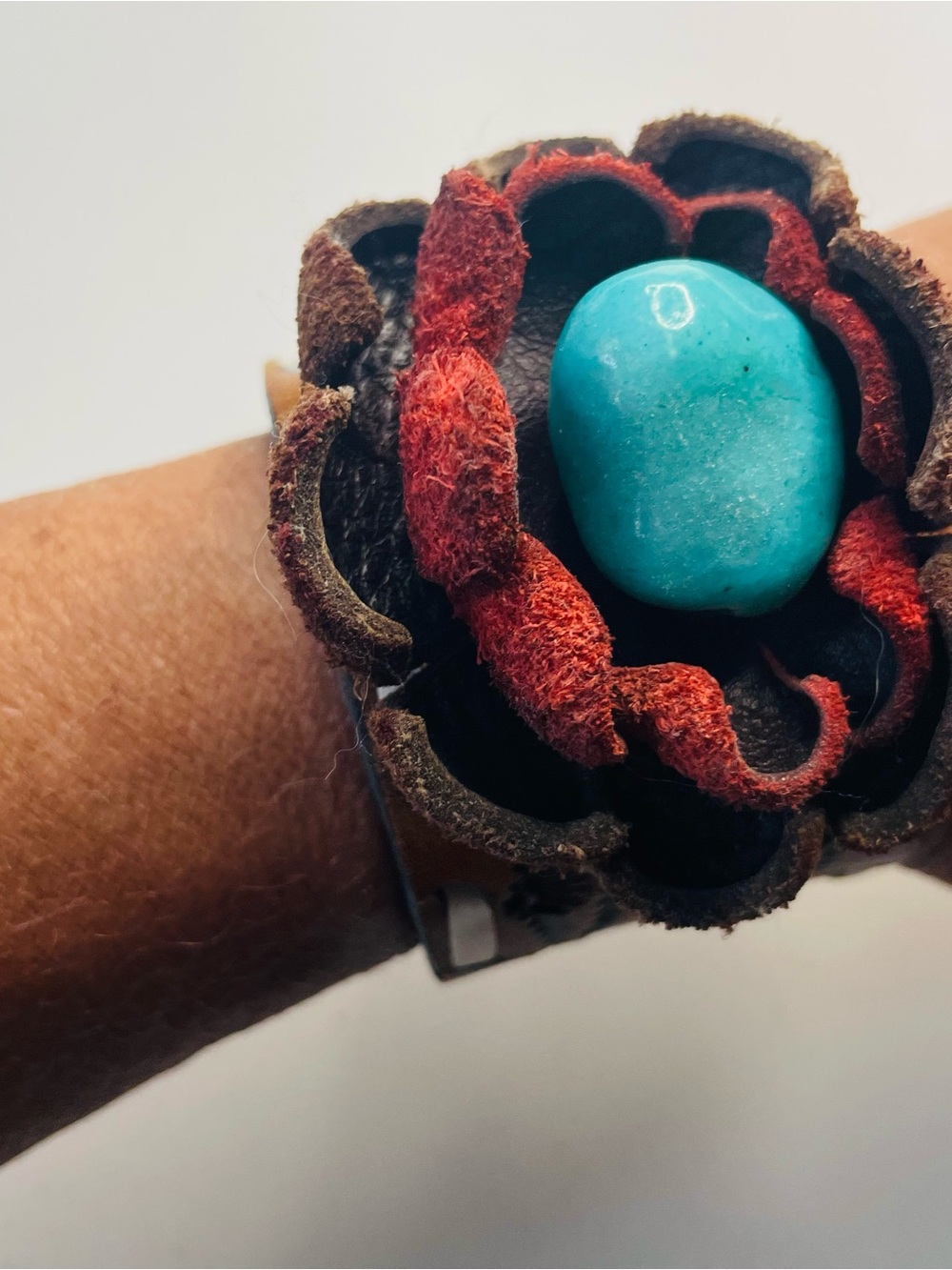 Handcrafted Turquoise Flower Leather Bracelet - Teal & Brown Boho Rustic